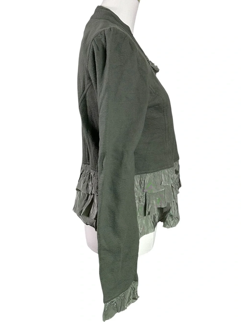 Anthropologie Curved Ruffle Military Cardigan Top Jacket Army Green Large NWT - Picture 9 of 16